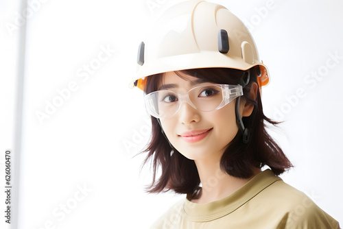 wood craft worker woman wearing safety glasses and helmet © AGSTRONAUT