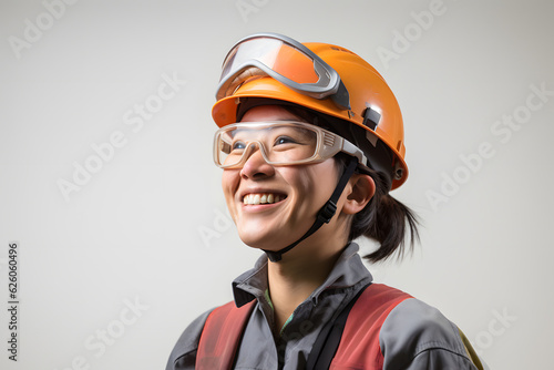 wood craft worker woman wearing safety glasses and helmet