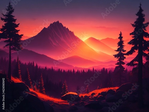 Beautiful pine forest Mountain landscape with a sunset in the background © pixeness