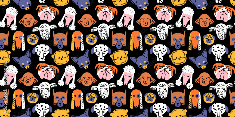 Ταπετσαρία Funny dog animal face icon cartoon seamless pattern in colorful flat illustration style