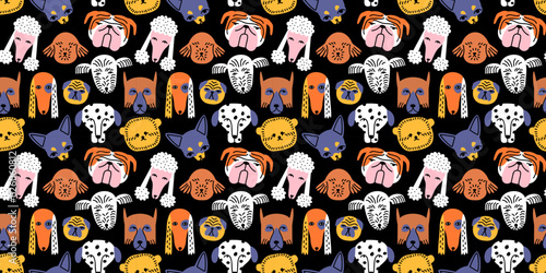 Funny dog animal face icon cartoon seamless pattern in colorful flat illustration style. Cute puppy pet head background, diverse domestic dogs breed wallpaper.