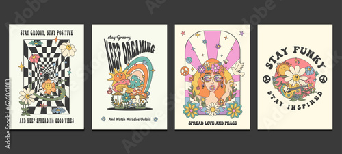 фотография groovy hippie 70s posters with psychedelic cartoons, vector illustration