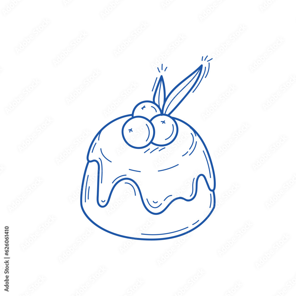 Vector linear illustration of cake with icing and blueberries in doodle style isolated on white background Vector linear illustration of cake with icing and blueberries in doodle style isolated on white background