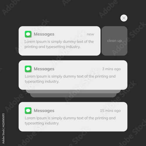 Mobile phone with push notifications or sms messages smartphone, mobile phone with updated check marks, bubbles, on dark background.