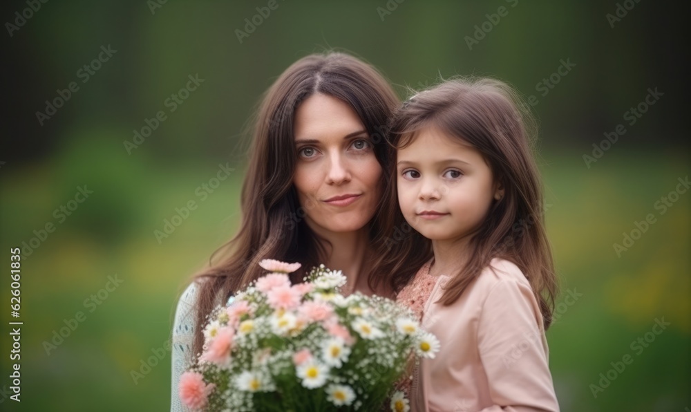 Woman and child with bouquet of flowers against green blurred background Woman and child with bouquet of flowers against green blurred background