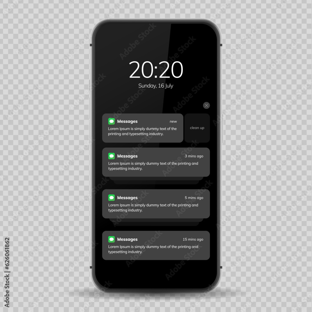 Notification screen UI design. Phone notification windows template on a ...