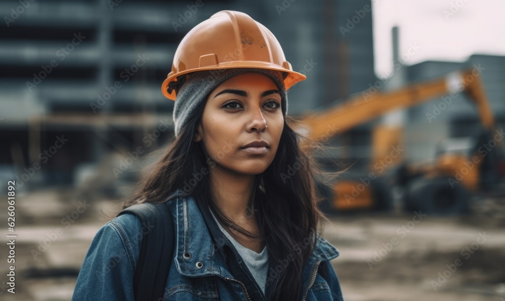 Woman wearing hard hat on a construction site Woman wearing hard hat on a construction site