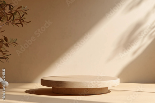 Beige natural podium, skin care and cosmetic product display stand with leaves and shadows for luxury modern photography