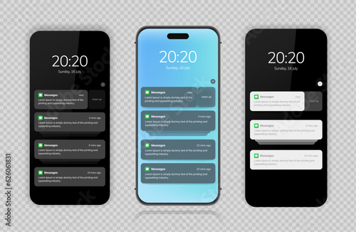 Push notification message on mobile phone on light background, smartphone mobile phone sms popup with updated check mark.