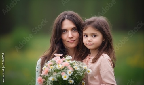 Woman and child with bouquet of flowers against green blurred background