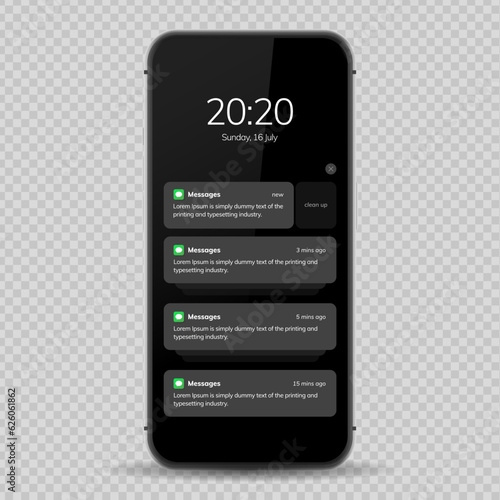 Notification screen UI design. Phone notification windows template on a dark background. Smartphone messaging interface. Vector illustration. Smartphone. Vector illustration.