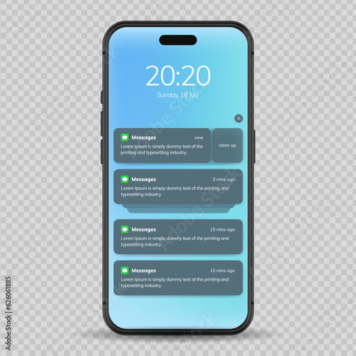 Push notification message on mobile phone on light background, smartphone mobile phone sms popup with updated check mark.