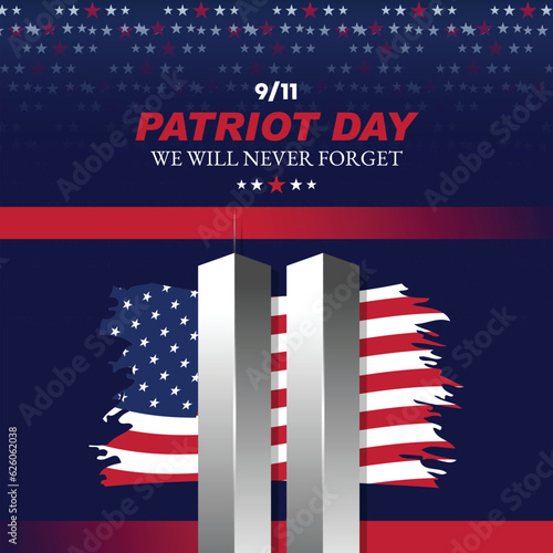 Remembering September 9 11. Patriot Day. September 11. Never Forget USA 9/11. Twin Towers On American Flag. World Trade Center Nine Eleven. Vector Design Template With Red, White And Blue Colour