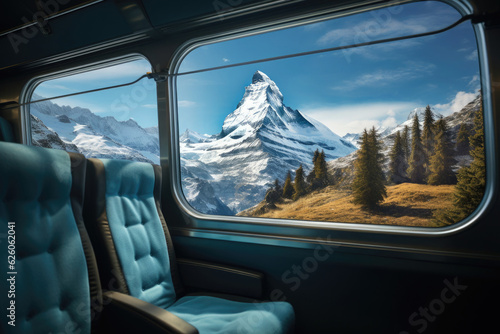 Empty seats on train with landscape of snowy mountains in window. Commuter train. Travel by public transport in Europe