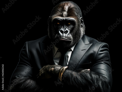 Unstoppable Force: Gorilla Business in Suit on Black Background