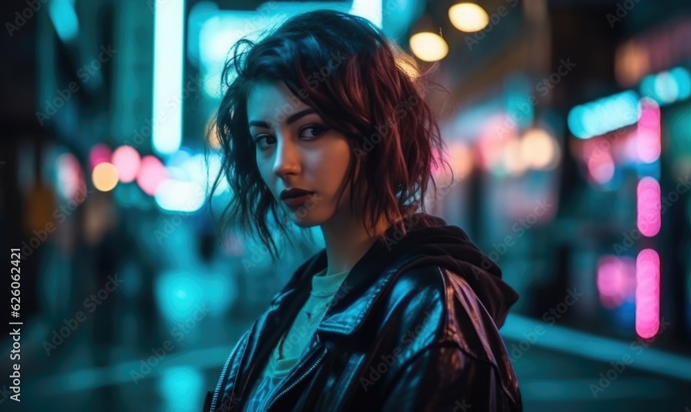 A girl with dark hair in a city with neon lights at night A girl with dark hair in a city with neon lights at night