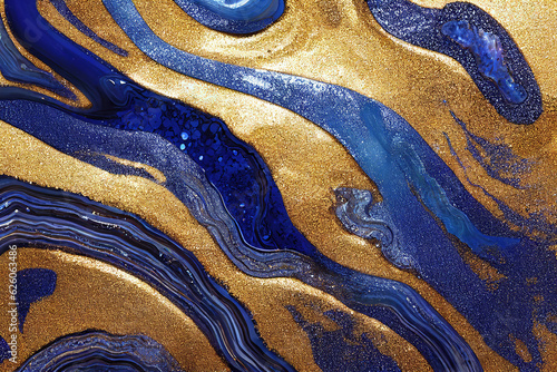 Blue and golden acrylic liquid ink swirl abstract background with ravishing turbulence wavy pattern and detailed texture. Luxury fluid liquid art by Generative AI.