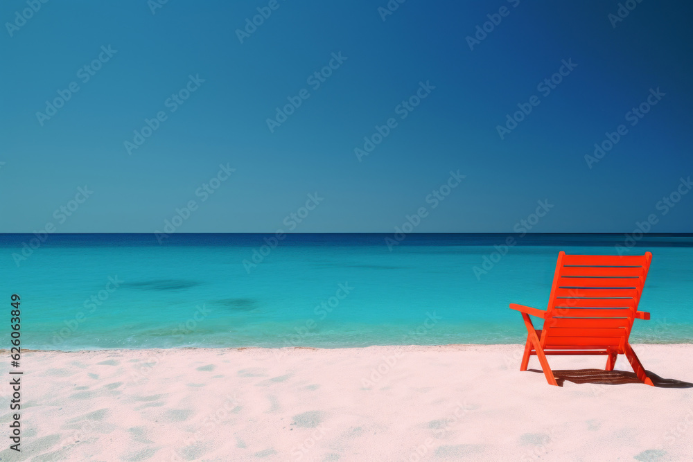 Seaside Serenity: Orange Chair Facing the Clear and Tranquil Sea, Peaceful Scene with Pristine Waters