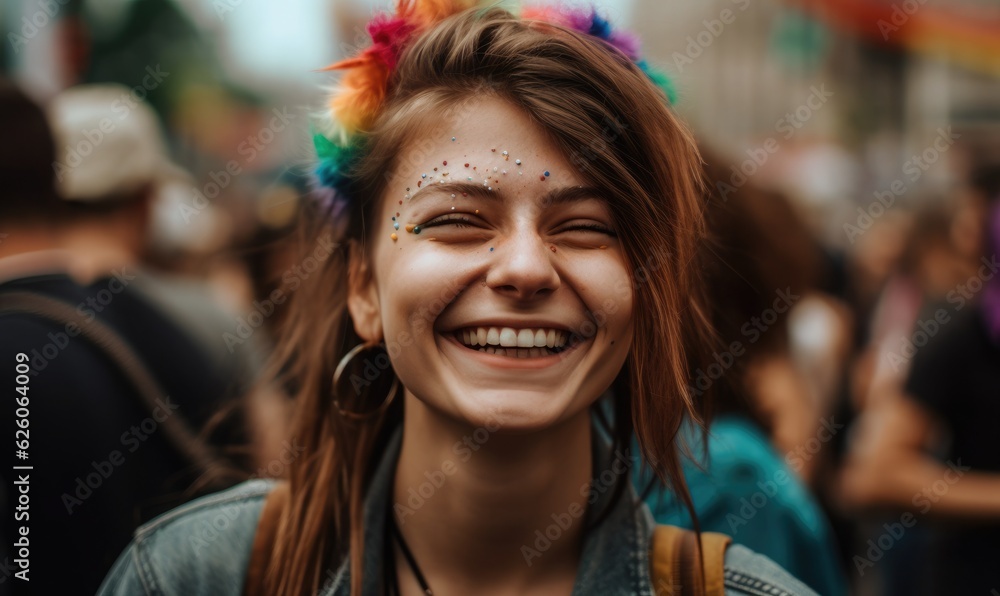 Lesbian woman laughing cheerfully during pride month Lesbian woman laughing cheerfully during pride month