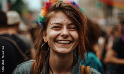 Lesbian woman laughing cheerfully during pride month