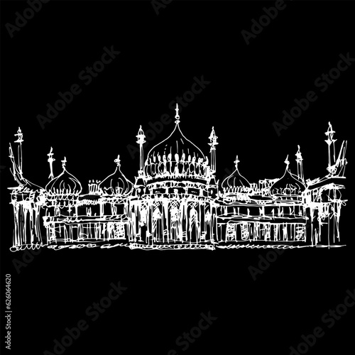 Facade of the The Royal Pavilion in Brighton, England. Architectural monument in Indo-Saracenic style. Hand drawn linear sketch. White silhouette on black background.