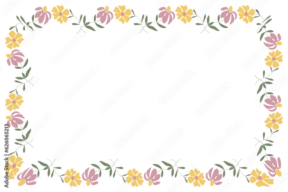 Frame of flowers, romantic ornament pink yellow flowers copy space vector illustration
