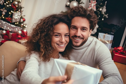 Happy Couple with Christmas Gift Taking Selfie, Generative AI Illustration