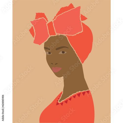 An illustration of an African woman in a turban with a bow. knot. Pastel colors. Brown, Beige, coral. Poster, Vector illustration in flat stile.