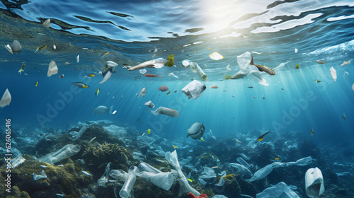 Plastic Pollution in Oceans - Environmental Crisis Stock Photo - AI-Generated