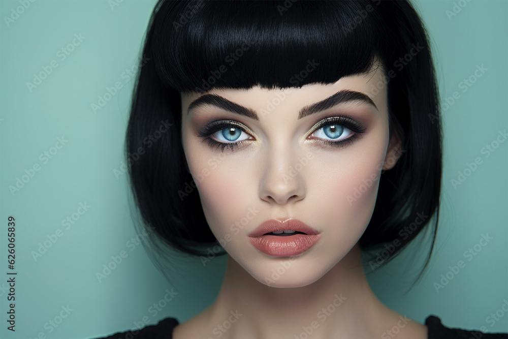 Fototapeta premium Face of beautiful woman with black hair and blue eyes