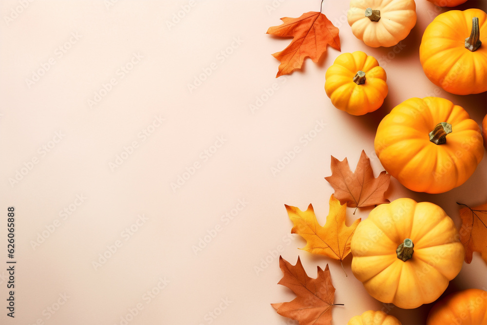 Orange pumpkins and autumn leaves on beige background - obrazy, fototapety, plakaty 