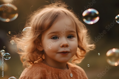 A girl playing in a field among soap bubbles. Generative AI