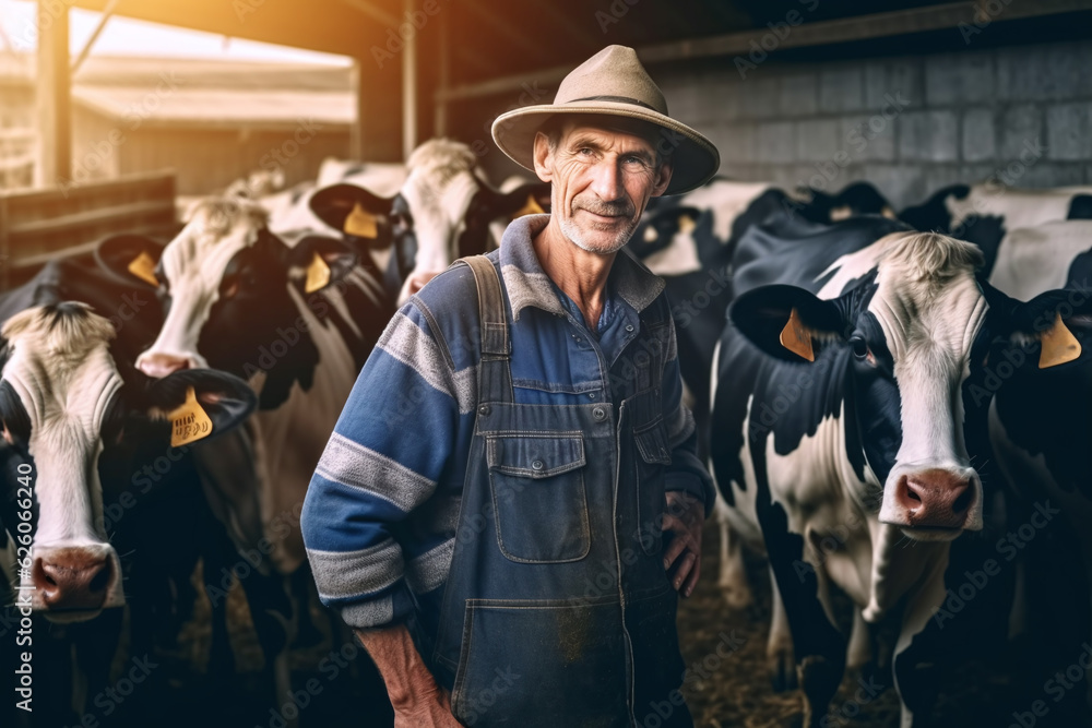 A farmer with his cow farm in the background. Generative AI