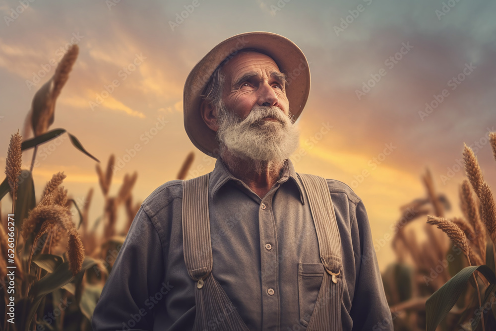Fototapeta premium Farmer on the background of a field of grain. Generative AI