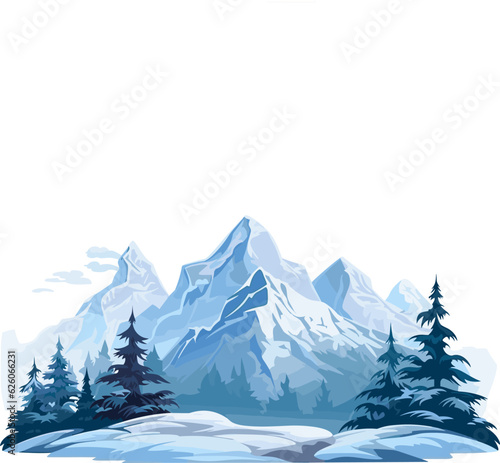 Vector flat mountains landscape. Winter beautiful blue mountains landscape with a forest. photo