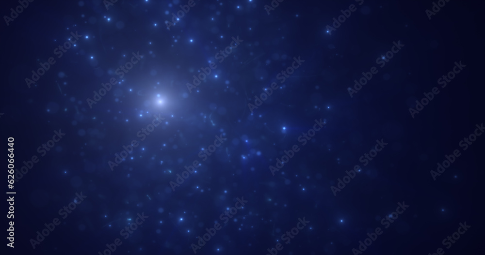 Abstract blue energy particles and dots glowing flying sparks festive with bokeh effect and blur background