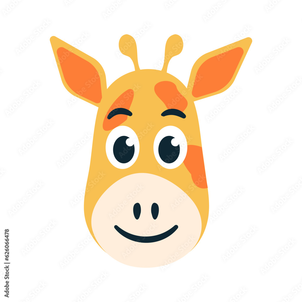 Head of a Cute Smiling Giraffe. Face of a Spotted Animal from Africa. Child character avatar. Image for the zoo. Bright colors. Isolated. Vector illustration. Head of a Cute Smiling Giraffe. Face of a Spotted Animal from Africa. Child character avatar. Image for the zoo. Bright colors. Isolated. Vector illustration.