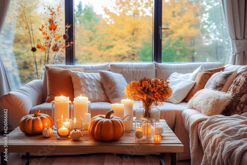 Autumn cozy home interior with candles, pumpkins and flowers. selective focus. 