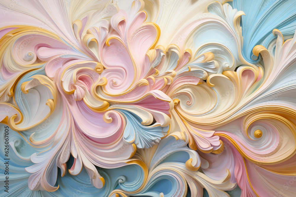 Elegant tessellating pattern, Rococo-inspired swirls, pastel color palette of soft blues, pinks, and gold, oil paint technique Elegant tessellating pattern, Rococo-inspired swirls, pastel color palette of soft blues, pinks, and gold, oil paint technique