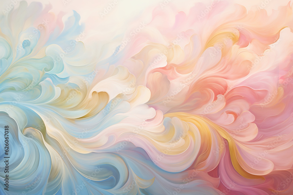 Elegant tessellating pattern, Rococo-inspired swirls, pastel color palette of soft blues, pinks, and gold, oil paint technique
