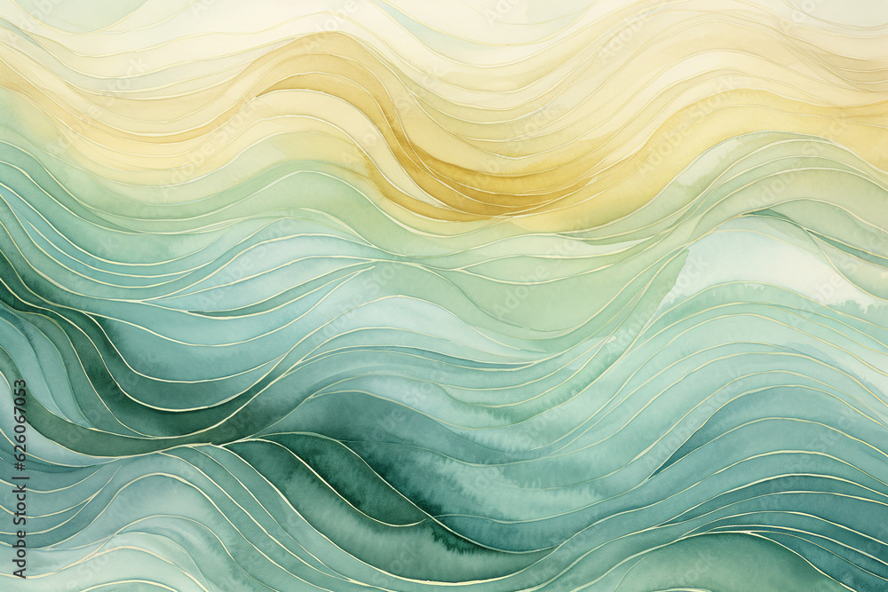 Fluid and harmonious boho watercolor wave design, seamless tessellation for continuous tiling, a soothing blend of soft blues, greens, earthy browns, and warm yellows, capturing the essence of gentle