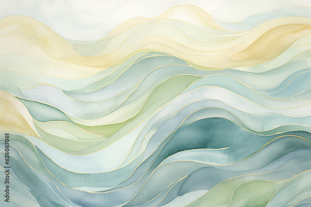Fluid and harmonious boho watercolor wave design, seamless tessellation for continuous tiling, a soothing blend of soft blues, greens, earthy browns, and warm yellows, capturing the essence of gentle Fluid and harmonious boho watercolor wave design, seamless tessellation for continuous tiling, a soothing blend of soft blues, greens, earthy browns, and warm yellows, capturing the essence of gentle