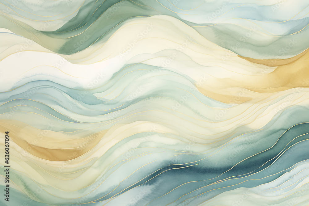 Fluid and harmonious boho watercolor wave design, seamless tessellation for continuous tiling, a soothing blend of soft blues, greens, earthy browns, and warm yellows, capturing the essence of gentle 