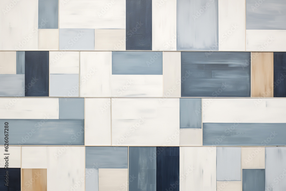 Fototapeta premium Mid-century modern geometric design, overlapping rectangles, minimalistic color scheme: cool grays, blues, soft whites, acrylic paint on wood, sharp edges