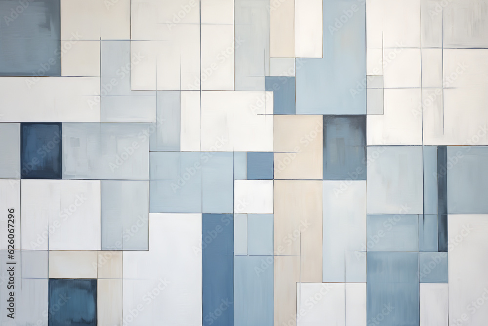 Mid-century modern geometric design, overlapping rectangles, minimalistic color scheme: cool grays, blues, soft whites, acrylic paint on wood, sharp edges Mid-century modern geometric design, overlapping rectangles, minimalistic color scheme: cool grays, blues, soft whites, acrylic paint on wood, sharp edges