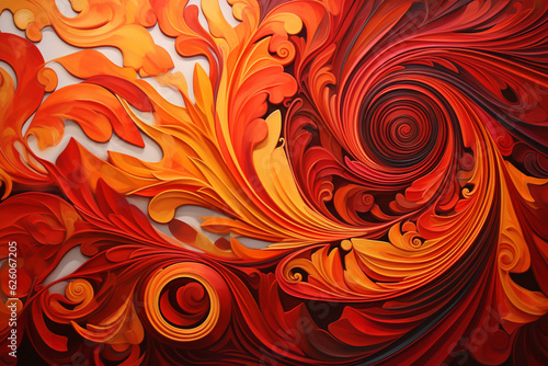 Kaleidoscopic pattern in Bohemian style, swirling and vibrant forms, deep rich hues of reds and oranges, acrylic paint on canvas