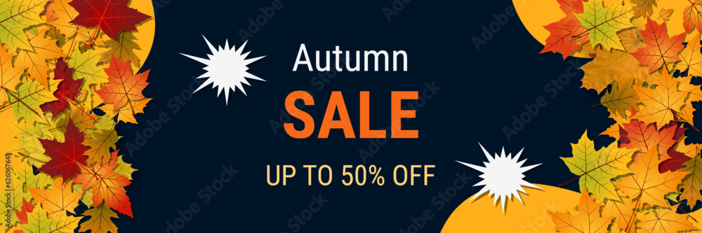 Autumn sale banner vector template. Design for flyer, invitation card, promo poster, discount coupon, voucher
