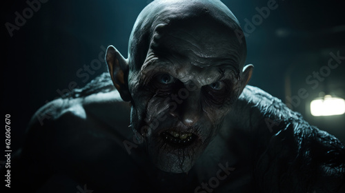 Creepy scary zombie in dark room