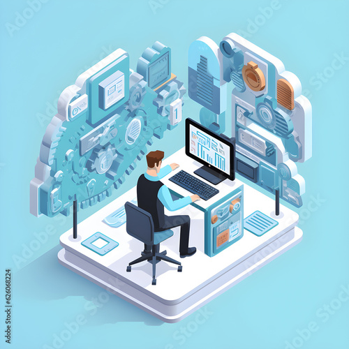 Isometric Vector Art of Businessman Sitting and Operating Laptop Surrounded by Gears - AI-Generated