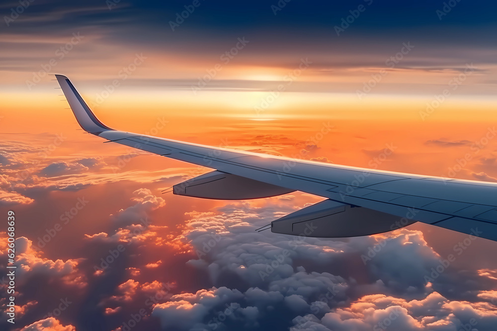 Gorgeous airplane view of the sunset sky from the inside window. Generative Ai Gorgeous airplane view of the sunset sky from the inside window. Generative Ai